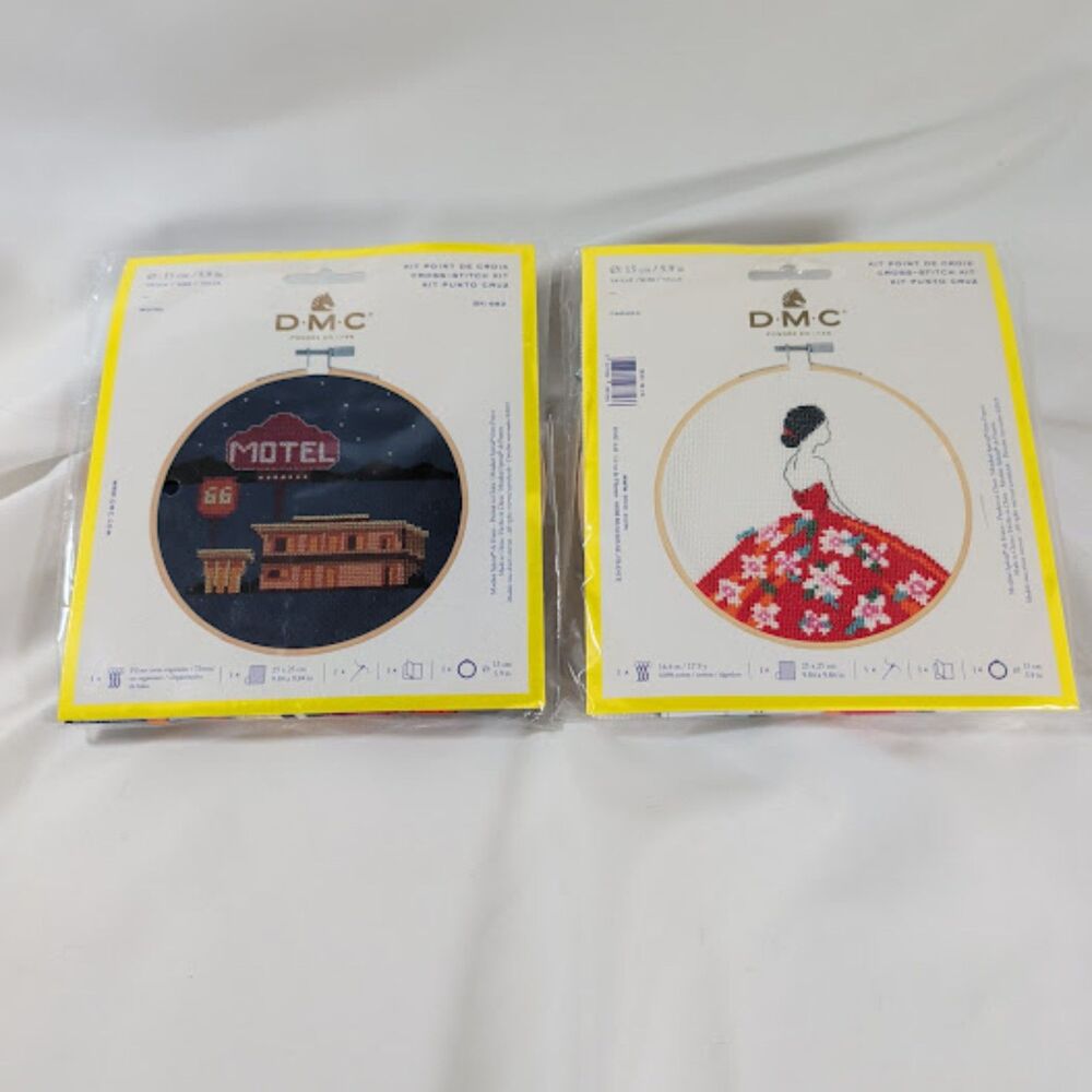 2 DMC Counted Cross Stitch Kits 6" Hoop Included Carmen & Route 66 Motel New